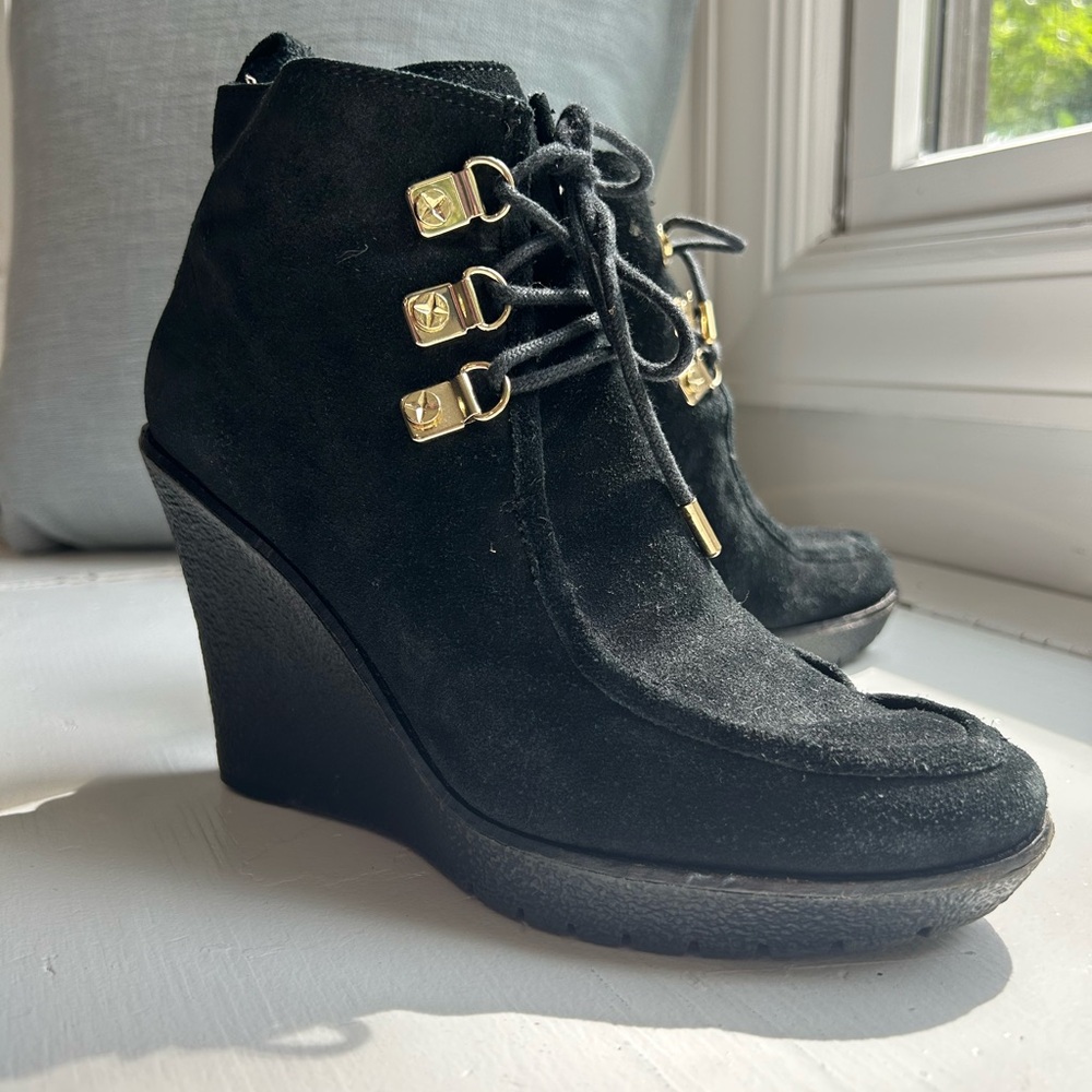 C. Wonder Black Wedge Boots with Gold Accents